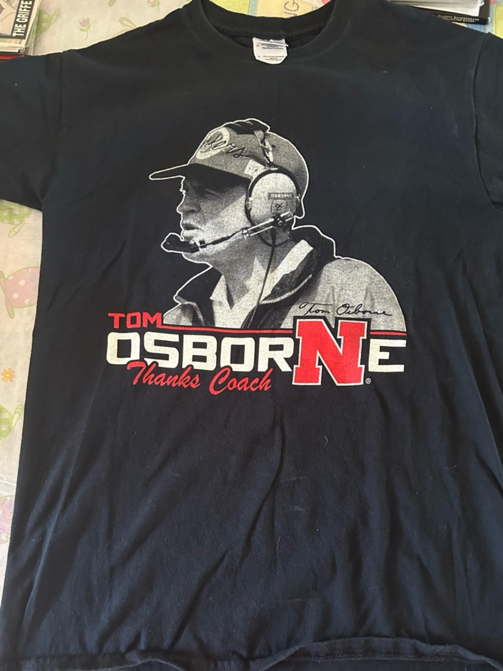 Tom Osborne Thanks Coach Black Graphic Tee. Nebraska Cornhuskers. Coach tribute